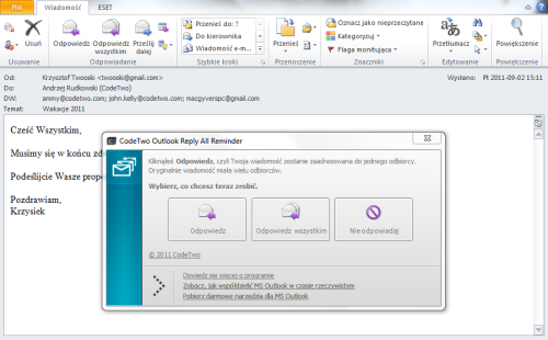 Alert od CodeTwo Outlook Reply All Reminder