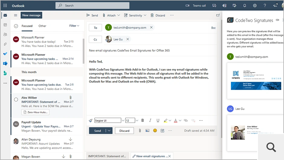 Użytkownicy mogą wyświetlić podgląd podpisów email dodawanych w chmurze w czasie rzeczywistym w programach Outlook, Outlook dla komputerów Mac oraz Outlook w sieci Web (OWA), korzystając z dodatku CodeTwo Outlook Web Add-in, który można wdrożyć centralnie z poziomu centrum administracyjnego Microsoft 365.