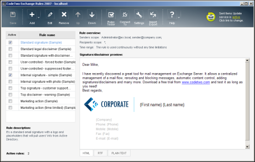 Nowy interfejs użytkownika CodeTwo Exchange Rules 2007 i 2010.