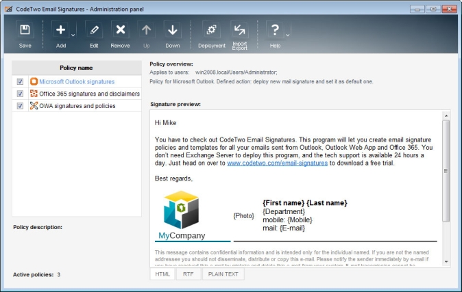 CodeTwo Email Signatures - główne okno programu