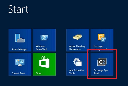 Kafelek CodeTwo Exchange Sync w menu Start Windows Server 2012 EN z Exchange Server 2013