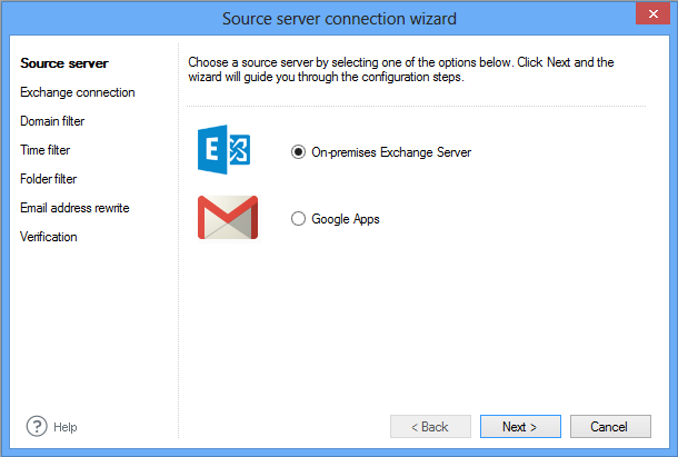 CodeTwo Exchange Migration - kreator połączenia z serwerem źródłowym