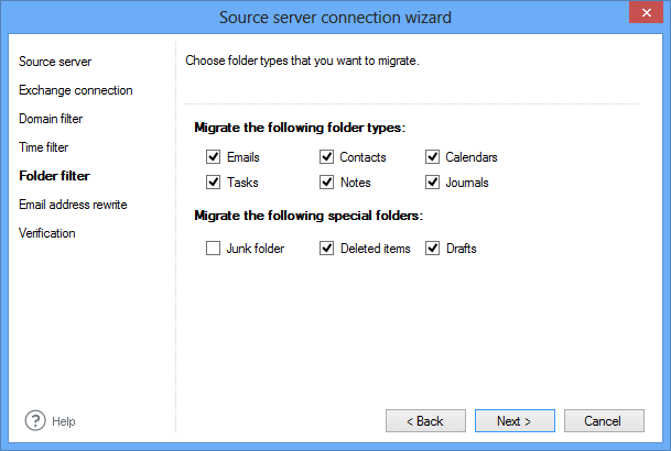 CodeTwo Exchange Migration - wybór typów folderów