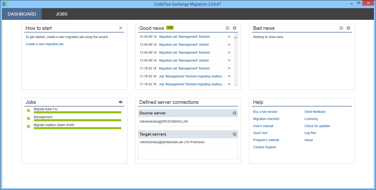 CodeTwo Exchange Migration dashboard view