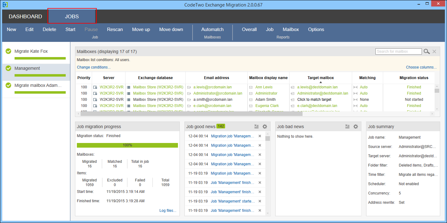 CodeTwo Exchange Migration jobs