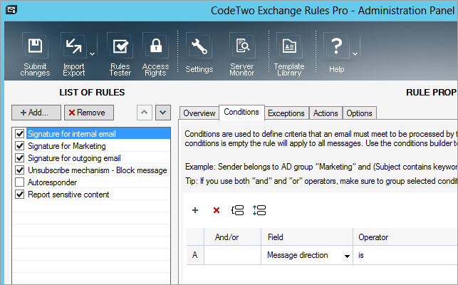 Panel administracyjny CodeTwo Exchange Rules Pro