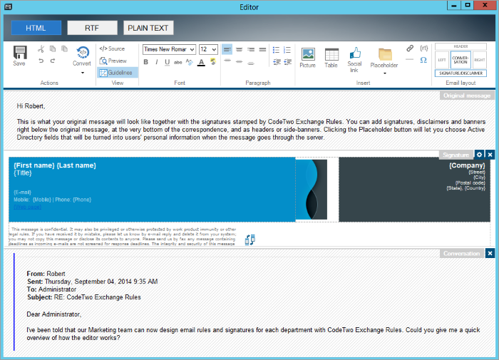 Edytor szablonów podpisów email dostępny w CodeTwo Exchange Rules