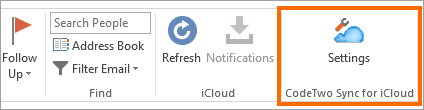 CodeTwo Sync for iCloud widoczny w górnym pasku narzędzi w Outlooku. 
