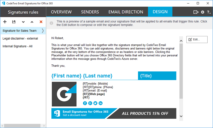 Twórz podpisy email w wbudowanym edytorze CodeTwo Email Signatures for Office 365.