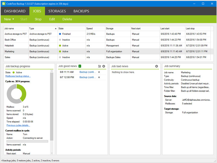 Zakładka Jobs w CodeTwo Backup wer. 1.5