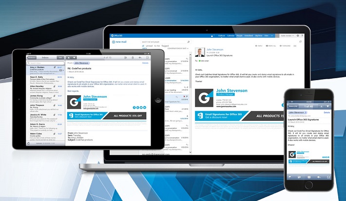 Profesjonalne podpisy email dodawane na urządzeniach mobilnych przez CodeTwo Email Signatures for Office 365.
