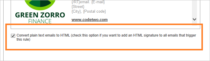 Opcja w CodeTwo Email Signatures for Office 365 pozwalająca na wymuszanie formatu HTML 