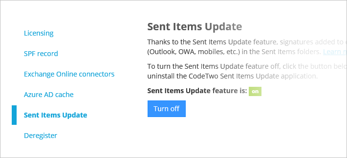 Usługa Sent Items Update w CodeTwo Email Signatures for Office 365 