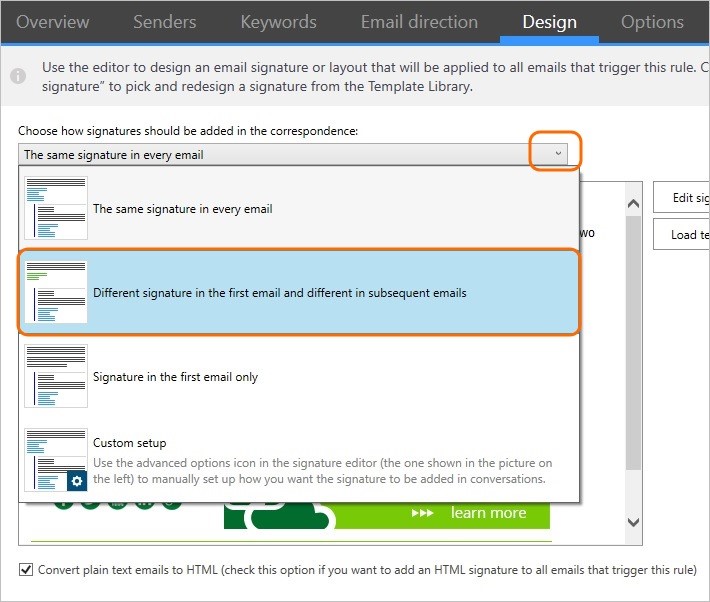 Dodaj inne podpisy email dla nowych wiadomości i inne odpowiedzi za pomocą CodeTwo Email Signatures for Office 365.