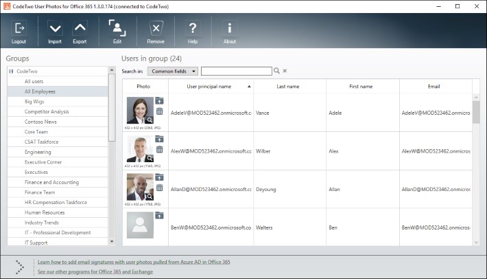 CodeTwo User Photos for Office 365 - main page of the program.