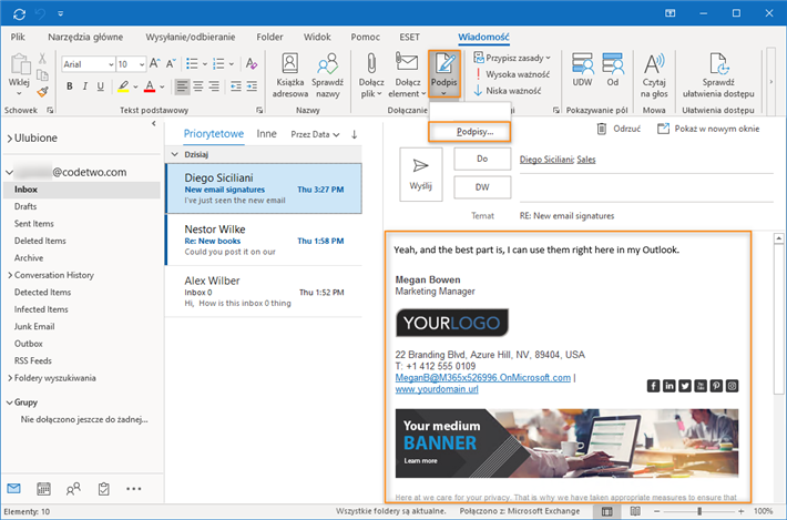 Wybór podpisu email w Outlooku