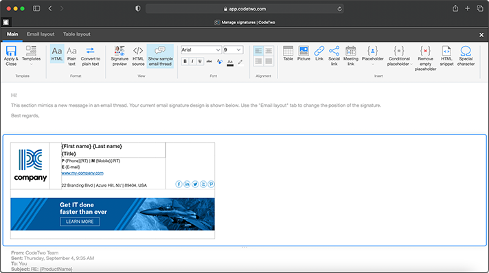 CodeTwo Email Signatures for Office 365 - signature editor