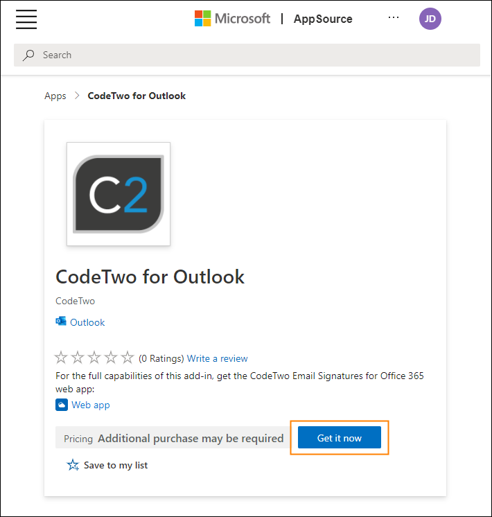 Wdrożenie dodatku CodeTwo for Outlook przez Microsoft Appsource
