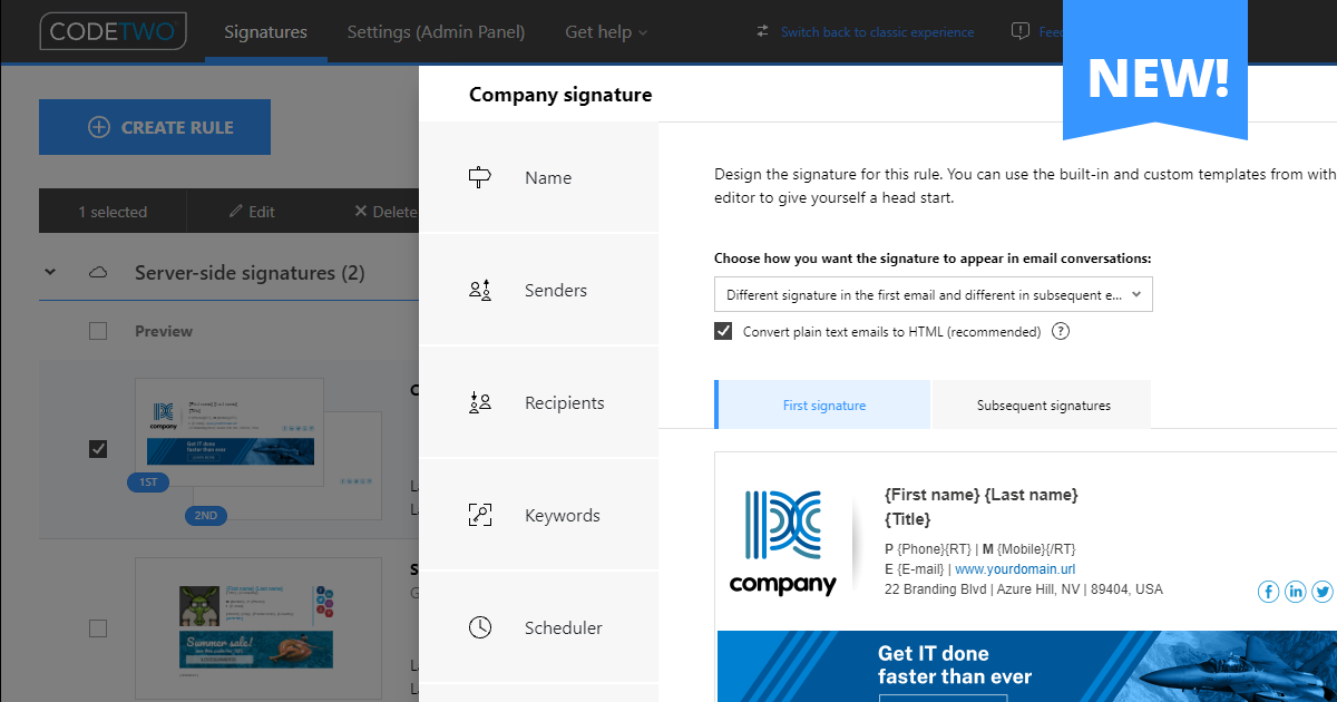 Zupełnie nowy interfejs do zarządzania podpisami email w CodeTwo Email Signatures for Office 365