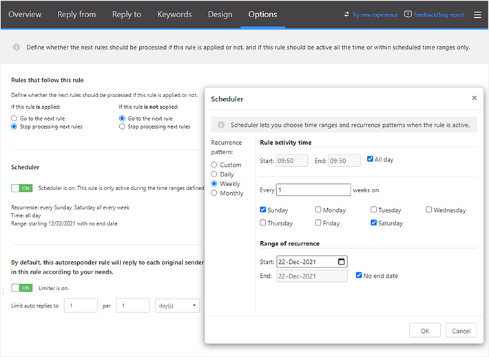 Autoresponder rule - Options tab