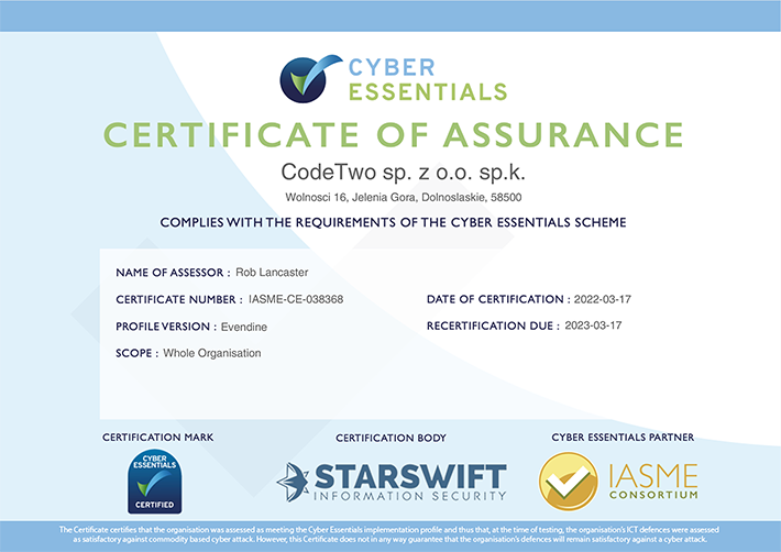 Certyfikat CyberEssentials przyznany CodeTwo