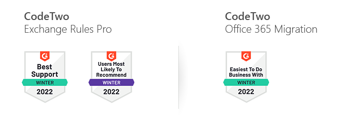 Odznaki dla programów CodeTwo do zarządzania przepływem wiadomości i email i migracji w zimowych raportach na G2.com