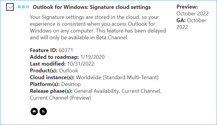 Microsoft Roadmap Outlook Signature cloud settings