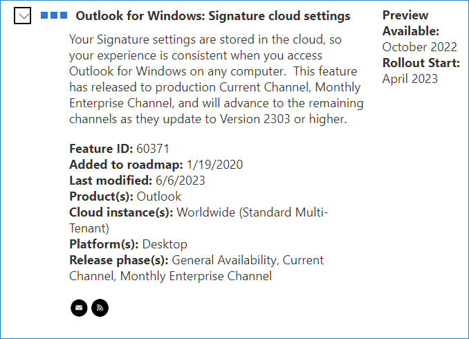Microsoft Roadmap Outlook Signature cloud settings
