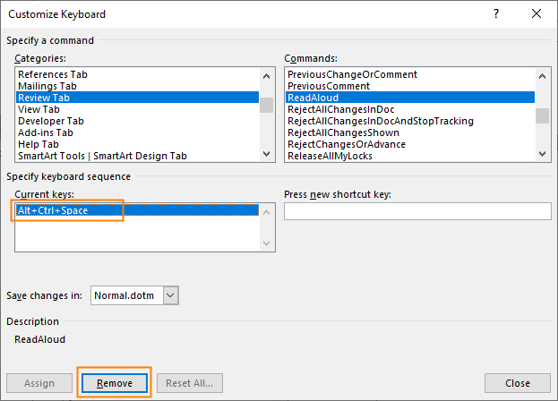 Customize keyboard in Word - remove shortcut