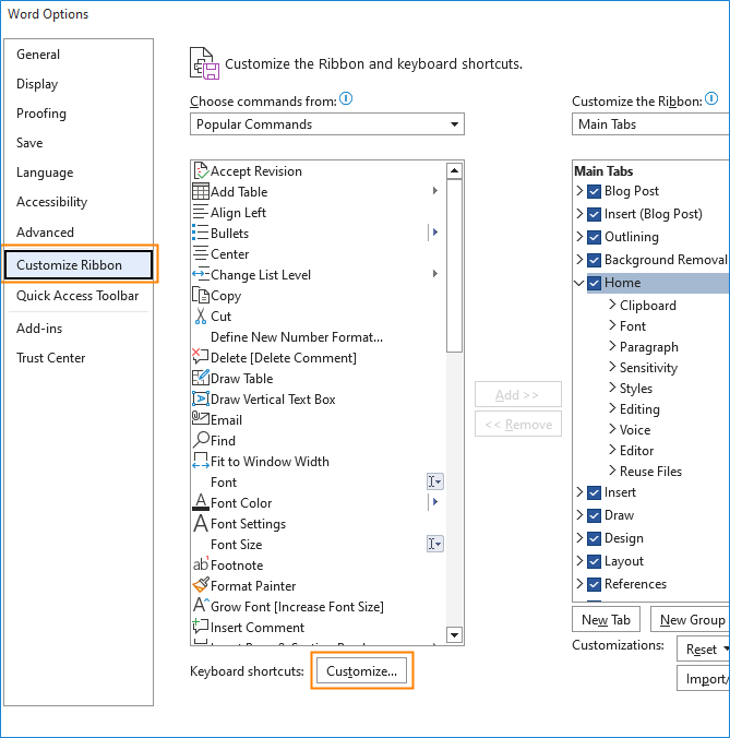 Keyboard shortcuts in Word