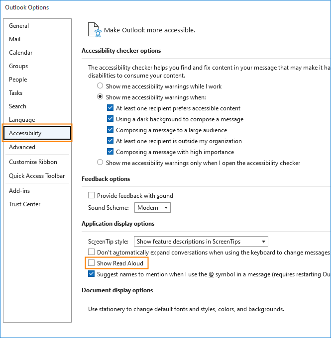 Show Read Aloud in Outlook.