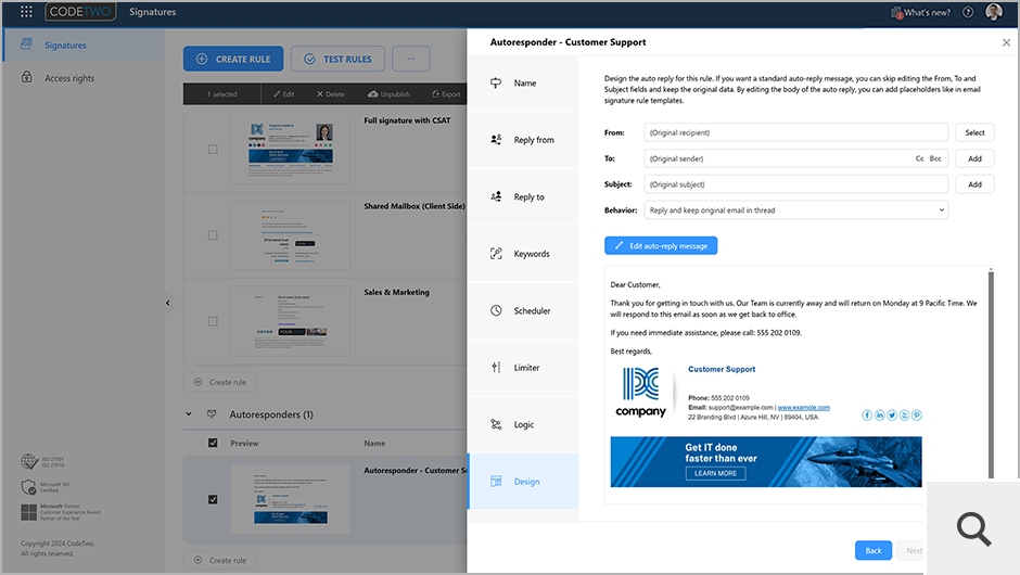 CodeTwo Email Signatures 365 posiada również funkcję Autoresponder, która umożliwia tworzenie i zarządzanie odpowiedziami automatycznymi i wiadomościami typu Out of Office dla wszystkich użytkowników w organizacji.