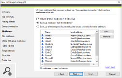 Przygotowując zadanie backupu dla serwera Exchange, możesz zdecydować, które skrzynki pocztowe (np. skrzynki użytkowników, współdzielone, archiwalne czy grupowe) oraz foldery publiczne chcesz skopiować. Tworząc zadanie dla usługi SharePoint, możesz natomiast wybrać zbiór witryn.