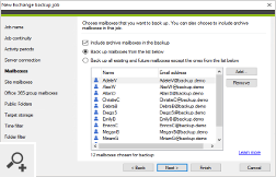 Przygotowując zadanie backupujące Exchange, możesz zdecydować, które skrzynki pocztowe i foldery publiczne uwzględnić, a które wykluczyć z procesu tworzenia kopii zapasowych. Możesz także wybrać, czy chcesz tworzyć kopie zapasowe archiwalnych skrzynek pocztowych.