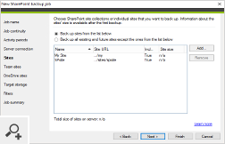 Podczas konfigurowania zadania backupującego SharePoint możesz wybrać kolekcje witryn z lokalnego serwera SharePoint, których kopie zapasowe mają zostać wykonane.