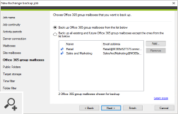 Można również wskazać skrzynki pocztowe grup Office 365 (w Exchange Online) lub skrzynki witryn SharePoint (w lokalnych serwerach Exchange), których kopie zapasowe chcesz utworzyć.