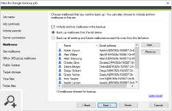 Podczas konfiguracji zadania backupującego można łatwo wybrać, które skrzynki mają zostać w nim uwzględnione, a które nie. Istnieje także możliwość wybrania archiwalnych skrzynek pocztowych.