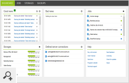Zakładka Dashboard daje ogólny zarys tego, co się dzieje w programie. Pokazuje, na jakim etapie działania znajdują się zadania kopiujące lub przywracające dane, a także informuje o możliwych problemach.
