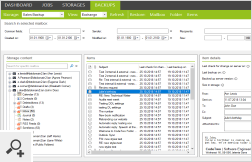 Przechowywane dane można wyszukiwać, wyświetlać i przywracać w ramach folderów, których układ przypomina strukturę skrzynek pocztowych i witryn SharePoint. Na zakładce Backup możesz znaleźć aktualne kopie zapasowe danych Exchange i SharePoint oraz ich poprzednie wersje.