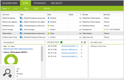 Na zakładce Jobs możesz zarządzać zadaniami backupu, odzyskiwania i archiwizacji danych. Zakładka na bieżąco wyświetla również aktualne statystyki dotyczące każdego zadania.