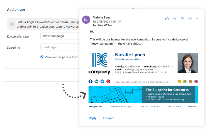 Podpisy email dodawane albo usuwane za pomocą słów kluczowych