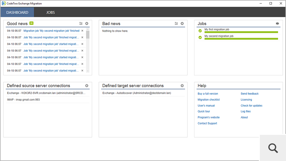 To jest główne okno programu CodeTwo Exchange Migration. Z tego miejsca możesz m.in. szybko przejść do zadań migrujących, skonfigurować połączenie z serwerem źródłowym i docelowym przy użyciu kreatora połączenia, czy sprawdzić aktualny stan migracji w poszczególnych zadaniach.
