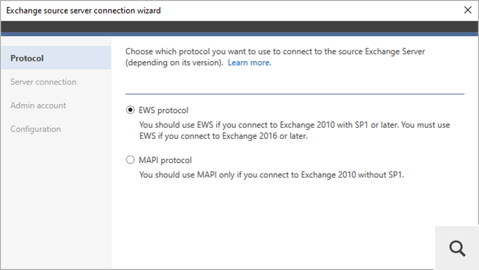 Połączenie się ze źródłowym lokalnym serwerem Exchange możliwe jest za pomocą Exchange Web Services (EWS) lub Messaging Application Program Interface (MAPI). Protokół MAPI służy do połączenia ze starszymi wersjami serwera Exchange np. Exchange 2010 bez SP1.