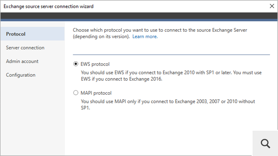 Połączenie się ze źródłowym lokalnym serwerem Exchange możliwe jest za pomocą Exchange Web Services (EWS) lub Messaging Application Program Interface (MAPI). Protokół MAPI służy do połączenia ze starszymi wersjami serwera Exchange np. Exchange 2010 bez SP1.