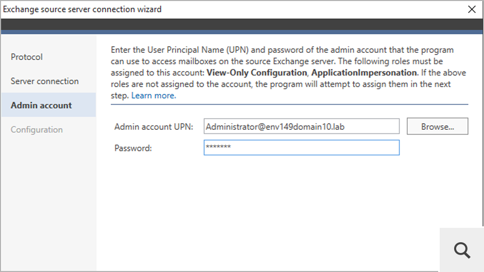Podczas łączenia się z lokalnym serwerem Exchange program poprosi o podanie UPN konta administratora, które zostanie użyte w celu uzyskania dostępu do skrzynek pocztowych. Jeśli dane konto nie posiada odpowiednich uprawnień, program przypisze je automatycznie.