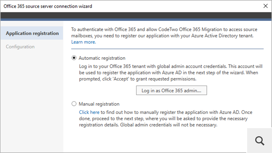 Program nie gromadzi i nie wykorzystuje żadnych danych logowania do Office&nbsp;365 (Microsoft&nbsp;365). Aby nawiązać połączenie, CodeTwo Exchange Migration rejestruje się automatycznie w Entra ID (Azure AD) źródłowego tenanta Office&nbsp;365.
