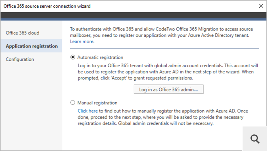 Program nie gromadzi i nie wykorzystuje żadnych danych logowania do Office&nbsp;365 (Microsoft&nbsp;365). Aby nawiązać połączenie, CodeTwo Exchange Migration rejestruje się automatycznie w Azure AD źródłowego tenanta Office&nbsp;365.