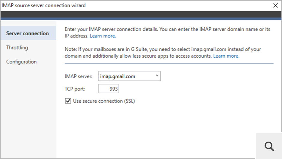 W celu połączenia się z serwerem źródłowym IMAP należy wpisać jego adres (lub wybrać z rozwijanego menu) i postępować zgodnie z dalszymi wskazówkami kreatora połączenia.