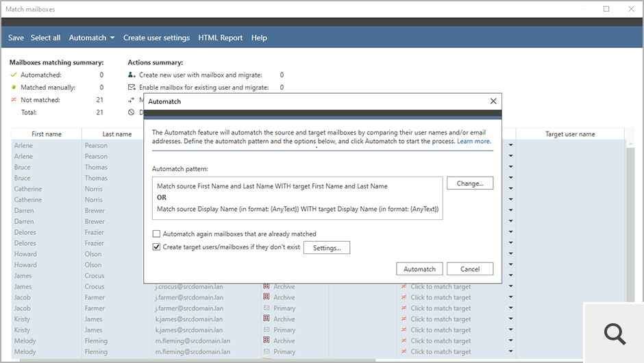 Po wybraniu źródłowych skrzynek pocztowych możesz użyć opcji Automatch, która dopasuje skrzynki źródłowe do ich odpowiedników na serwerze docelowym.