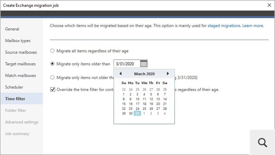 Kreator zadania migrującego umożliwia także przeniesienie wyłącznie danych z ostatnich kilku tygodni, miesięcy itd. dzięki zastosowaniu filtru czasu.